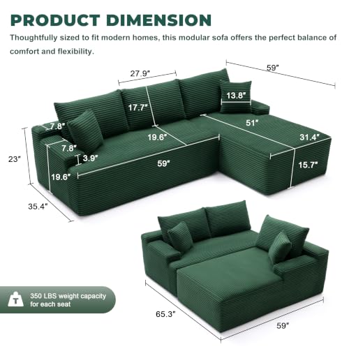 Image of Mangodan Cloud Sectional Sofa, Boneless Couch for Living Room, Modular Sectional Sofa with Deep Seat, Fluffy L-Shaped Comfy Couch with Right-Facing Chaise, No Assembly Required, Green