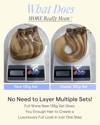 Image of Full Shine Highlight Clip in Hair Extensions Human Hair, 18 Inch 135g 7Pcs | Caramel Latte Rooted Blonde Remy Hair Extensions Clip ins, Seamless Weft for Natural Volume, Daily Styling