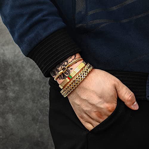 Funeia 3Pcs Gold Bracelet For Men Stainless Steel Mens Cuff Bracelet Twisted Cable Bracelet Roman Numeral Bangle Bracelet Luxury Bracelets Jewelry Gifts (9:Gold) #TOP2