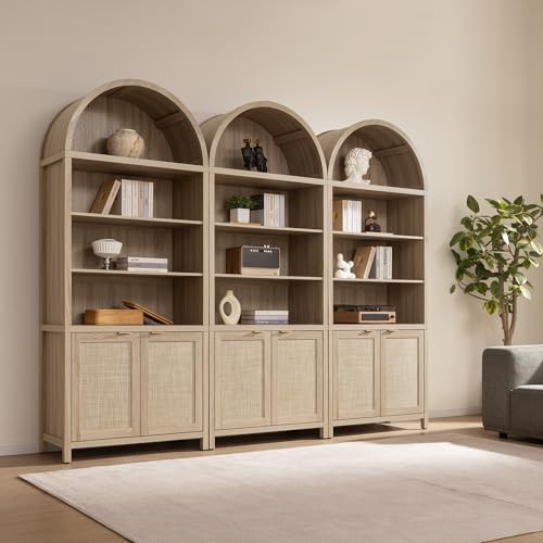 Image of SICOTAS 84.2 inch Tall Arched Bookcase with Doors - 5 Tier Rattan Bookshelf