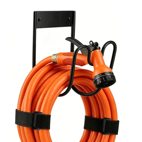 Black Metal Wall Mounted Garden Hose Hook Holds 100FT with Velcro Ties
