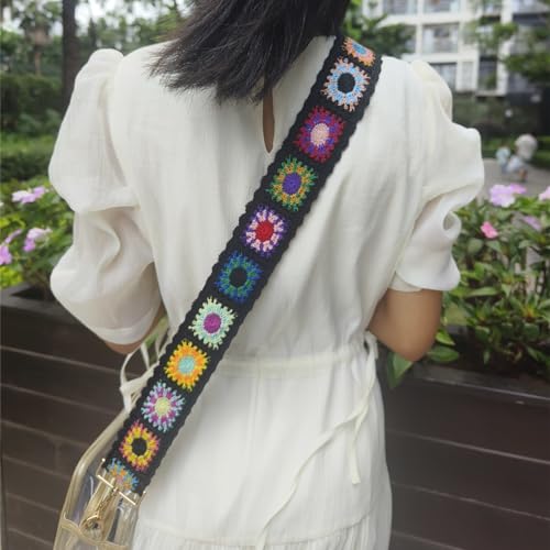 Image of Wide Purse straps Crochet Flower replacement crossbody for Handbag Adjustable Embroidery Knit Guitar Shoulder strap