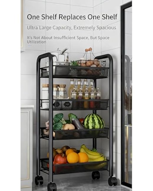 Slim Storage Cart 4-Tier Narrow Rolling Cart with 4 Wire Baskets for Kitchen, Bathroom, Laundry Room ¨C Mobile Utility Cart on Wheels for Small Spaces, Easy to Move-y9XdqTGV