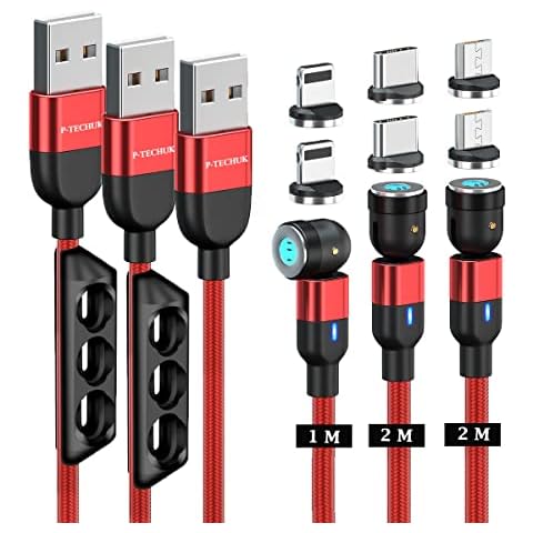 P-TECHUK Fast Charging 360° + 180° Magnetic charger Cable, Magnetic Charging Cable with data transmission. Type C, Micro Usb, iProducts connectors - (1M, 2M, 2M, 2 x tip holders, 6 tips) A17 Cover