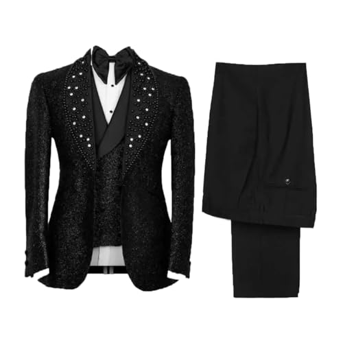 Men's 3-Piece Black Tuxedo Suit with Rhinestone Blazer, Shawl Lapel, Vest and Pants