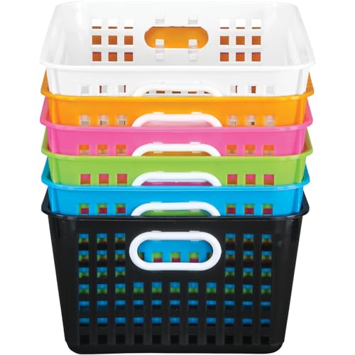 Image of Really Good Stuff Large Plastic Storage Baskets with Handles - 6 Pack | 13.75 inch x 9.75 inch x 5 inch, Neon Group Colors, for Books & Supplies, Organize Classroom & Home