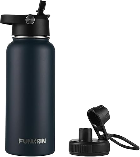 Funkrin Botella de agua aislada con tapa con popote y tapa de boquilla, taza de viaje personalizada de acero inoxidable al vacío, a prueba de fugas,