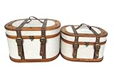 SIGNES GRIMALT Set de 2 Valises Décoratives Rondes en Bois et Cuir Synthétique – Coffres de Rangement Style Vintage Voyage Beige et Marron – Malles Décoratives 36,5 cm