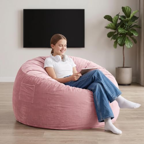 Image of Kromax Bean Bag Chair with Filling Included, Large 4FT Comfy Bean Bag Chairs for Adults, Teens, Memory Foam, Machine Washable Thick Dutch Velvet Cover, for Living Room, Den, or Bedroom, Pink