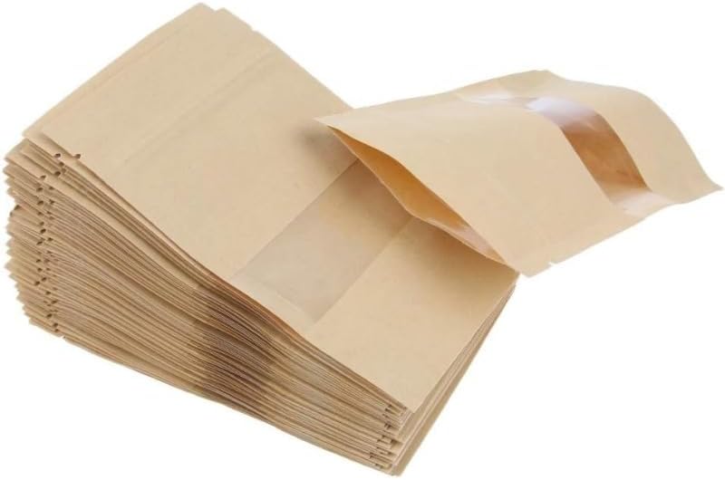 紙 窓付き 紙袋 チャック 袋 紙 包装袋 窓付きジップ袋 チャック袋 クラフト 食品収納袋 密閉袋 角底袋 保存 包装 (100個