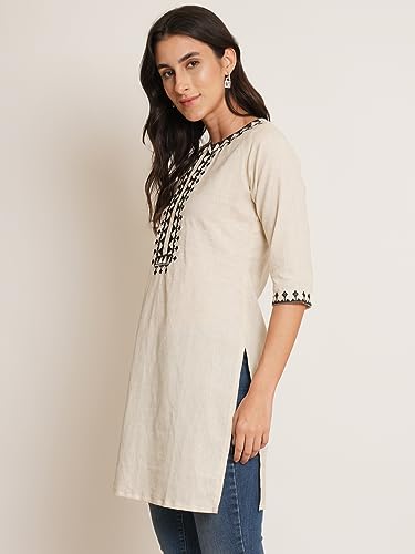 Image of Brownverse Pure Cotton Embroidered Women Short Kurti