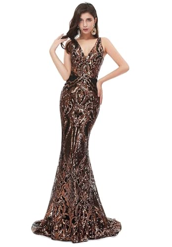 Women's V Neck Sequins Mermaid Prom Dress Long Ball Evening Party Dress Sleeveless Lace up Celebrity Pageant Gown3