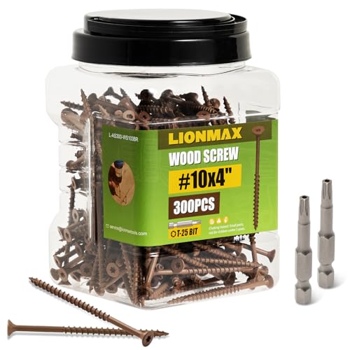 Image of LIONMAX Wood Screws 4 Inch, Deck Screws #10 x 4, 300 PCS, Rust Resistant, Epoxy Coated, Exterior Wood Screw, Outdoor Decking Screws, Torx /Star Drive Head, T25 Star Bit Included, Brown