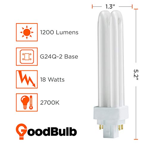 Goodbulb 18 Watt Cfl Light Bulbs | 4 Pin G24Q-2 Base 2700K Soft White | 18W High Output 1200 Lumens | Double Tube Compact Fluorescent Light Bulbs Plug-In | 10 Pack #TOP1