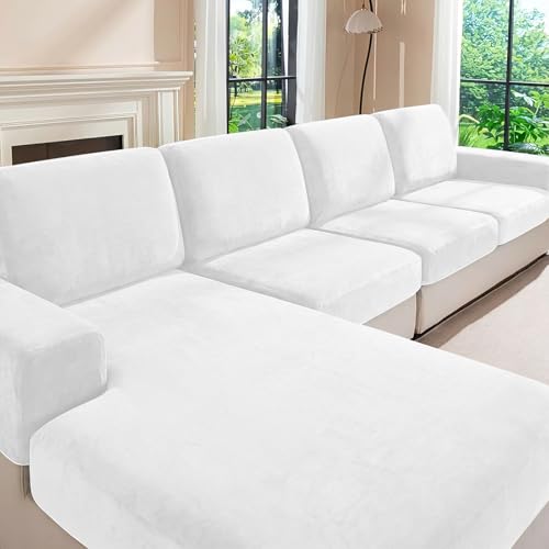 Velvet Plush Couch Cushion Covers, luxurious Seat Cushion Cover for Sectional Sofa-Soft,Washable,Pet-Friendly Modular Furniture Protector for Living Room (2 Seater Covers+1 Chaise Cover, White)