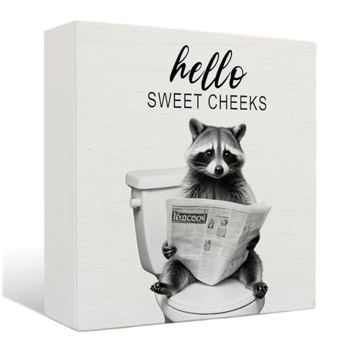 Nrleey Funny Raccoon Bathroom Decor - Hello Sweet Cheeks Raccoon Decor, Funny Farmhouse Wooden Sign, Raccoon Gifts, 5 X 5 Inches