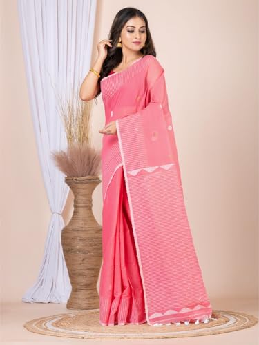 Image of Handloom Muslin Tissue Jamdani Cotton Silk Saree with Sequins Blouse