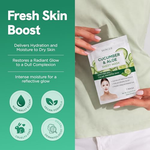 Image of Skin 2.0 Cucumber & Aloe Face Mask - Dermatologist Tested, Anti Aging, Korean Skin Care - Hydrating, Moisturizing, Cooling & Calming For Sensitive, Supple Skin - Vegan, Clean Beauty - 5 Count