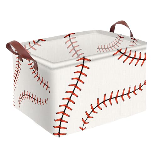 Image of Baseball Decor Storage Basket Waterproof Canvas Toy Storage Bin Baseball Room Decor Collapsible Outdoor Basket with Leather Handles Blanket Baskets For Closets,Bedrooms,Gifts Baskets