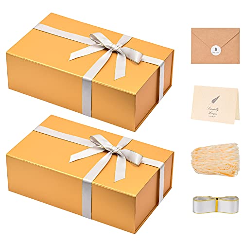 Image of LIFELUM Gift Boxes with Lids,2 Pack 13.85 x 8.35 x 4.45 inch Gold Gift Boxes with Magnetic Lid and Ribbon, Card, Shredded Paper Filler Empty Gift Box for Christmas,Valentine's day,Birthdays