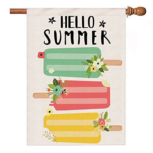 Hexagram Summer Flag-Hello Summer Popsicles House Flag 28X40 Inches Double Sided-Burlap Summer House Flag For Home Outside-Large Outdoor Seasonal Popsicles Flags #TOP12