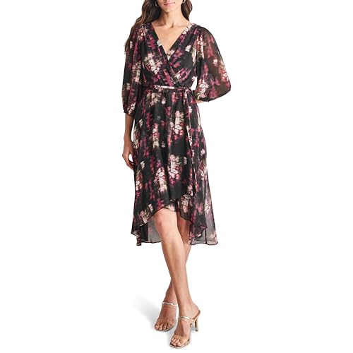 Image of DKNY Women's Chiffon Balloon Sleeve Faux Wrap Midi Dress with High-Low Hem