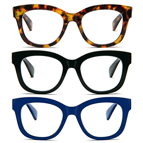 MMOWW Oversized Reading Glasses 3 Pack for Women Blue Light Blocking with Spring Hinge Computer Readers Ladies (Black + Blue + Brown Tortoiseshell