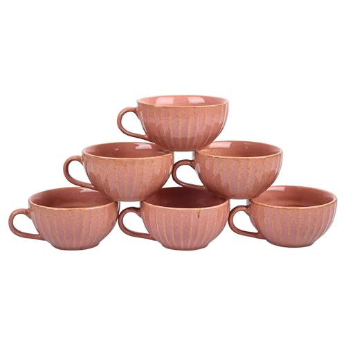 Image of Premium Pink Ceramic Tea Cup Set of 6 | Handmade Stoneware Coffee & Tea Mugs | 220 ml Each | Microwave, Dishwasher Safe | Textured Design | Chai Cups for Home, Office & Gifting