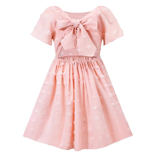 Image of HILEELANG Girls Summer Dress Bow Tie Back A-Line Party Dress for Little Big Girls Short Sleeve Dress with Lining 6-12 Years