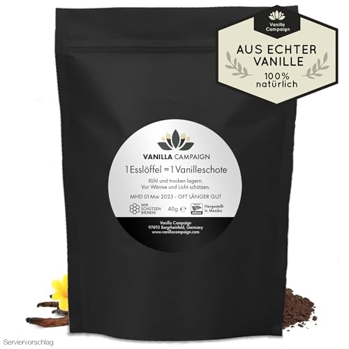Premium Vanillepulver aus echten Vanilleschoten, naturbelassen, ohne Zucker, ohne Zusätze, fairtrade, vegan (40g ohne Dose) von Vanilla Campaign®