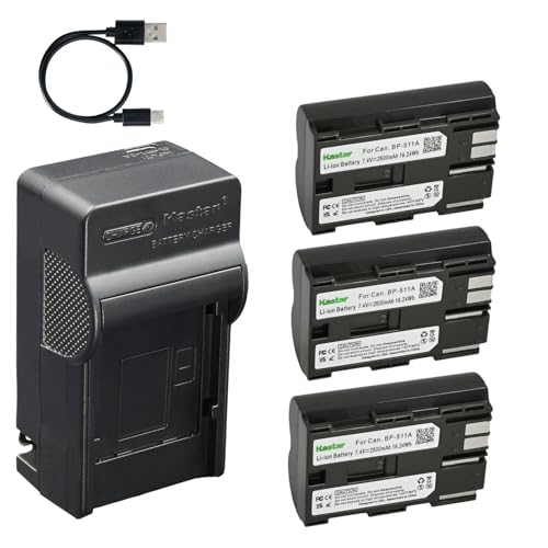 Kastar 3-Pack Battery and AC & USB-C Charger, Compatible with Canon BP-511 BP-511A BP-512 BP-514 and Canon EOS 5D 10D 20D 30D 40D 50D 300D D30 D60 PowerShot G1 G2 G3 G5 G6 ZR20 ZR30 Optura 10 20 50MC