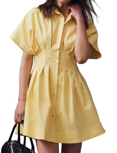 Image of MISSACTIVER Women Pleated Button Down Shirt Dress Short Sleeve Striped Corset Mini Dresses Casual Summer Short Dress
