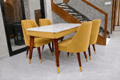 Image of WOODEN SPACE 4 Seater Wooden Dining Table Set | Urban Marble Top Dining Table with Chairs for Dining Room & Kitchen (Modern Frontline Yellow) (54 x 36 x 30 inch)