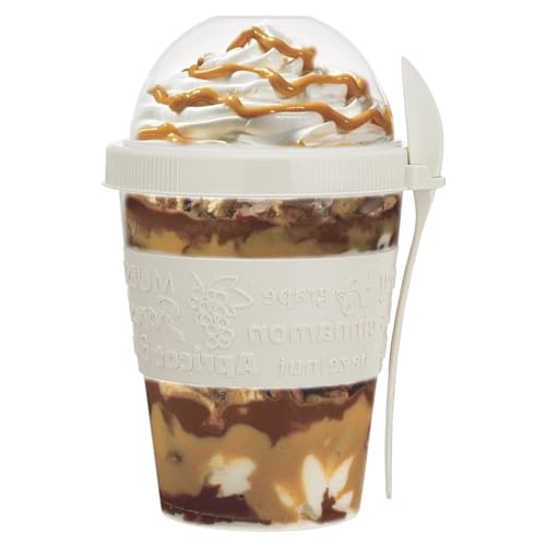 Suprano Reusable Yogurt Cups with Lid & Spoon 100% BPA Free Breakfast On the Go Cups with Topping Cereal 600ml Over Night Oats Container Smoothie Snack Jars (White)