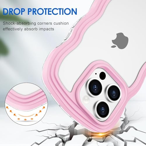 Image of GoldKart iPhone 16 Pro Max Case Wavy Edge Clear Back Design, Anti-Slip Grip Cute Wave Curly Frame Shape Shockproof Soft TPU & Hard PC Bumper Protective Phone Case Cover for Women Girls - Pink