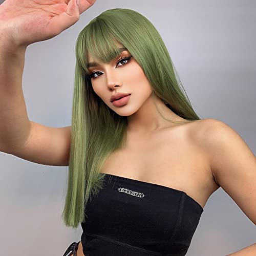 Wavy Wig With Bangs Wig,Wig For Girl Short Curly Wavy Bob Wig And Wig Long Wavy Wig, Heat Resistant Synthetic Party Costume Cosplay Wig For Girls Wear Colorful Wig (Green 16Inch) #TOP6