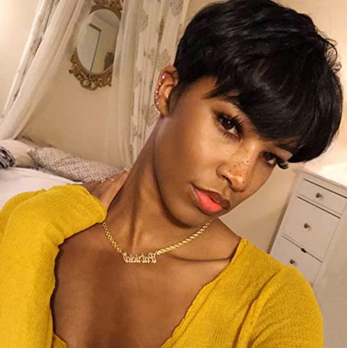 Kabadu Brazilian Human Hair Wigs 1B Pixie Wigs Short Pixie Cut Wigs Natural Black Wigs Straight Wigs with Bangs Virgin H