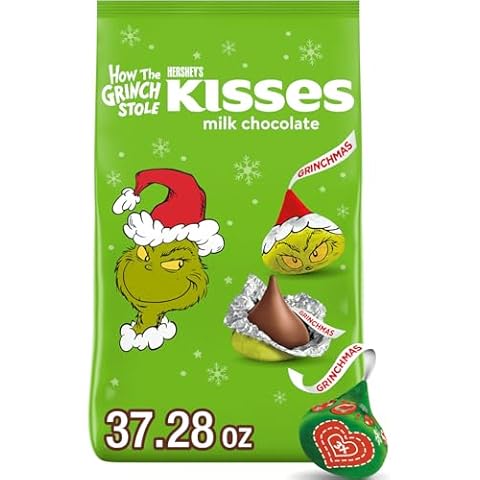 HERSHEY'S KISSES Grinch Milk Chocolate, Christmas Stocking Stuffer Candy Bulk Bag, 37.28 oz Cover
