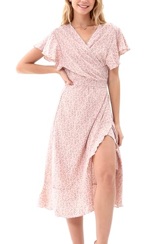 Image of Women's Summer Wrap Maxi Dress Casual Boho Floral V Neck Short Sleeve Ruffle Hem Split Beach Long Dresses