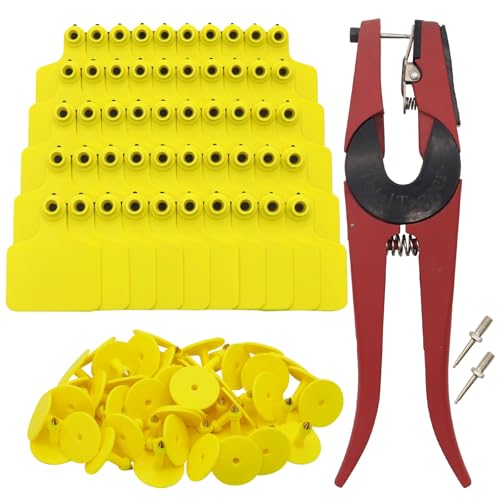 100 Pieces Blank Cattle Ear Tags with Pliers,TPU Blank Animal Identification Livestock Ear Tags for Cattle Cow Horse Pig Goat Sheep (Yellow)
