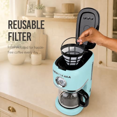 Image of Nostalgia Classic Retro 10 Cup Coffee Maker - One-Touch Drip Brew, Reusable Filter - Anti-Drip, Auto Shutoff, & Time Display - Dishwasher Safe 50 oz Carafe - Aqua
