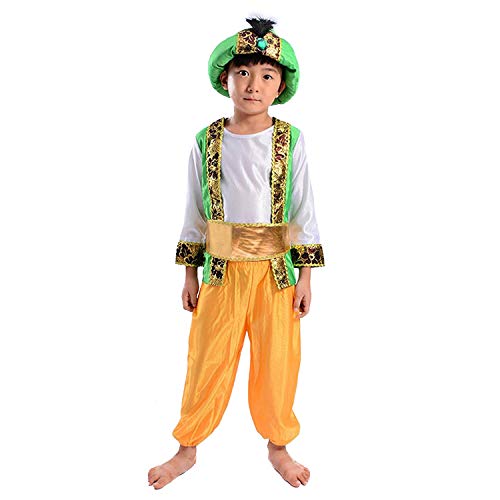 Boys Arabian Prince Costume School Stage Performance Outfits Kids Halloween Fancy Dress (S, Green&Yellow)