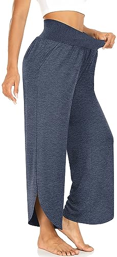 Image of TARSE Women's Wide Leg Yoga Pants Cross High Waist Flowy Split with Pockets | Comfy Lightweight Stretch, Flare Hem Cropped, Loose Dance Pants, Travel & Lounge, Everyday Casual Wear