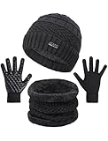 Senker Fashion Winter Beanie Hat Scarf and Touchscreen Gloves Set for Men, Warm Knit Skull Cap with Fleece Lined Gifts Black