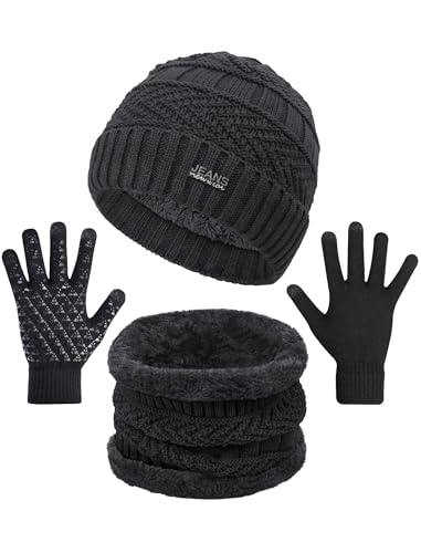 Senker Fashion Winter Beanie Hat Scarf and Touchscreen Gloves Set for Men, Warm Knit Skull Cap with Fleece Lined Gifts Black