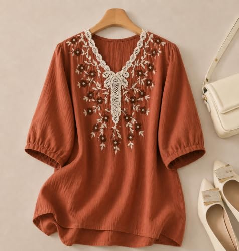 Image of RIEKA Womens Embroidered Korean Style Tunic Top, Floral Thread Work | V Neck | Puff Sleeves | Relaxed Fit Casual | Fusion Rayon Top for Every Day Styling