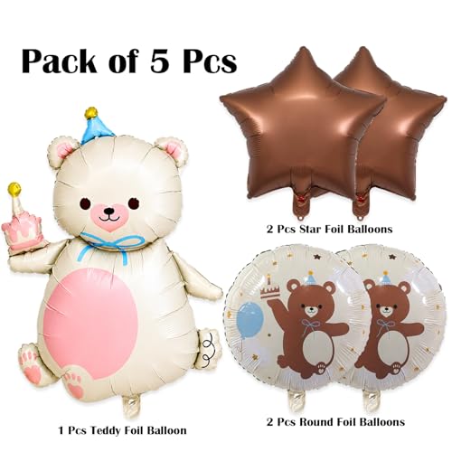 Image of Rozi Decoration Teddy Bear Foil Balloon Set with Star & Round Printed Balloons, 5 Pcs Birthday Decoration Kit for Kids Party, Baby Shower & First Birthday Celebration