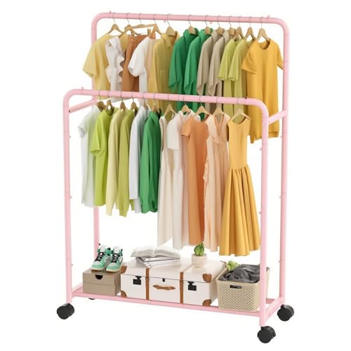 Simple Trending Clothing Clothes Rack Double Rods with Wheels, Rolling