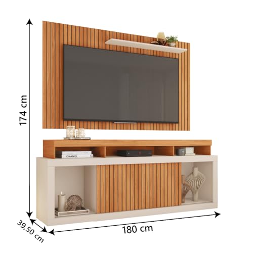 Rack Bancada com Painel Ripado para TV até 65 Polegadas 1,80m Panamá Buriti/Off White Caemmun