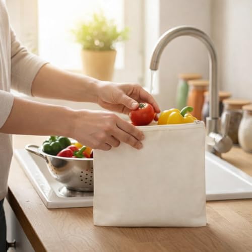 Image of 100% Cotton Reusable Vegetable Storage Bags for Fridge | 15 Pcs Washable Breathable Zipper Cloth Bags | Eco Friendly Kitchen Organizer for Fruits & Veggies